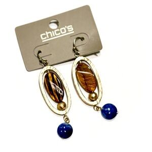 CHICO’S Blue & Wood Oval Drop Gold Tone Dangle Earrings | NWT